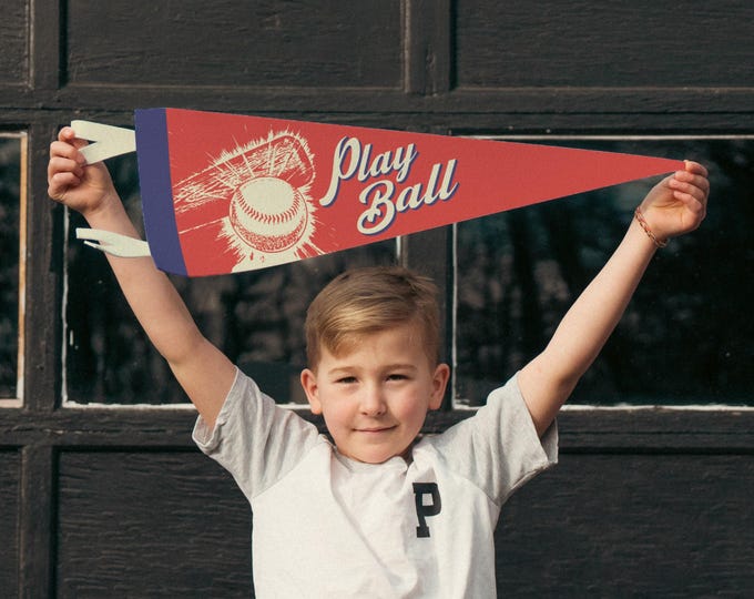 Play Ball Felt Pennant | Vintage Baseball Banner, Inspirational Kids Room Decor, Man Cave Sports Wall Art Print, Baseball Fan Home Accent.