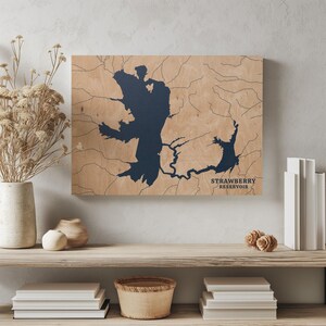 Erdbeere Stausee Utah | Benutzerdefinierte See Karte Wohnkultur, personalisierte See Haus Geschenk, Jahrestag Hochzeitslager Geschenk, gravierte Holz Wandkunst