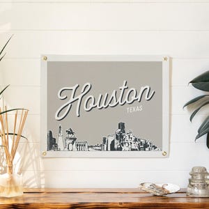 Houston Texas Felt Poster Banner | City skyline wall art print sign. Vintage style city line drawing pennant home decor. Handmade gift idea