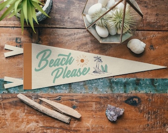 Beach Please Felt Pennant | Vintage Camp Banner, Inspirational Surf Life Home Decor, Beachy House Retro Wall Art, Outdoors Home Accent Gift.