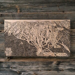 Bridger Bowl Montana Ski Loipe Karte | Gravierte Holzwandkunst, Winterhütten-Dekor, Snowboard-Gebirgsspur-Plakat, personalisiertes Geschenk für die Familie