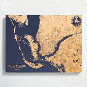 Kaart van Fort Myers, Florida | Gegraveerd houten bord kustmuur, huisdecor strandhuis nautische print, uniek gepersonaliseerd familiecadeau