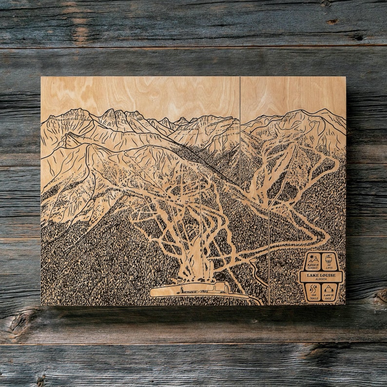 Lake Louise Alberta Canada Ski Trail Map | Engraved Wood Wall Art, Winter Cabin Decor, Snowboard Mountain Trail Poster, Personal Family Gift image 1