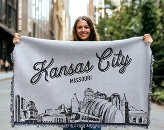 Manta tejida de la ciudad de Kansas City, Missouri, regalo, arte urbano con el horizonte en blanco y negro, decoración divertida para el hogar, regalo suave y acogedor de la ciudad