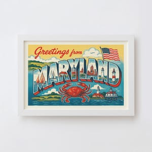 Maryland Postcard Art Print | Greetings from Maryland Vintage Style Wall Art Poster, Retro State Souvenir Decor, Americana Travel Gift