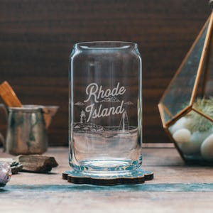 Rhode Island State Engraved Glasses | Personalized landscape etched glassware for beer, whiskey, wine and cocktails. Home decor & gift. Beer Can