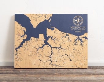 Norfolk, Virginia Map | Engraved Wood Coastal Chart Wall Art Sign, Beach Home Decor Nautical Life Print, Unique Personalized Family Gift