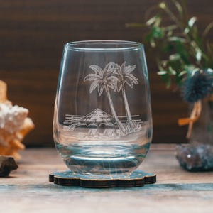Beach Scene Glasses | Personalized engraved glassware for beer, whiskey, wine and drinks. Palm Trees Ocean. Coastal living lifestyle decor.