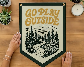 Go Play Outside Felt Camp Flag | Outdoor Kids Room Decor, Rustic Cabin Wall Banner, Hikers & Campers Nature Gift, Adventure Nursery USA Made