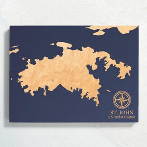 Mapa de St. John, Ilhas Virgens Americanas | Placa de parede com mapa costeiro em madeira gravada, decoração de casa de praia, impressão náutica, presente personalizado para a família