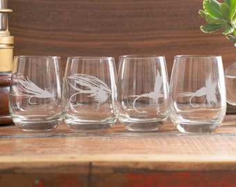 Fly Fishing Lures Glasses Set of 4 | Personalized Etched Beer, Cocktail, Whiskey, Wine glassware. Fishing Angler Gift. Fisherman Lake Camp.