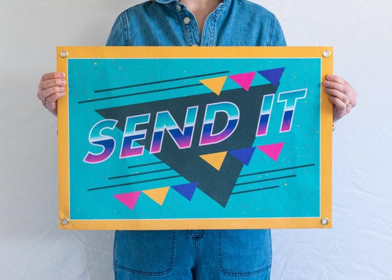 Hand-lettered felt pennant banner saying 'Send It' — a visually striking piece of ski/snowboard wall art with 124 favorites that nails a specific subculture perfectly.