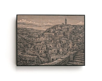 Sassi di Matera Engraved Birch Art Panel | Italy Wall Art, Historic Village Decor, European Travel Gift