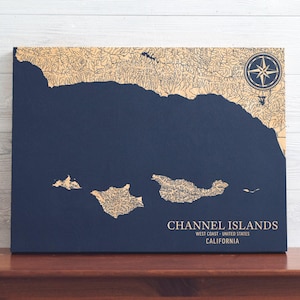 Kanalinseln, Kalifornien Karte | Küsten Kunst Gravur Holzschild Strand Haus Dekoration Wandbehang Wasserdruck Einzigartiges personalisiertes Geschenk
