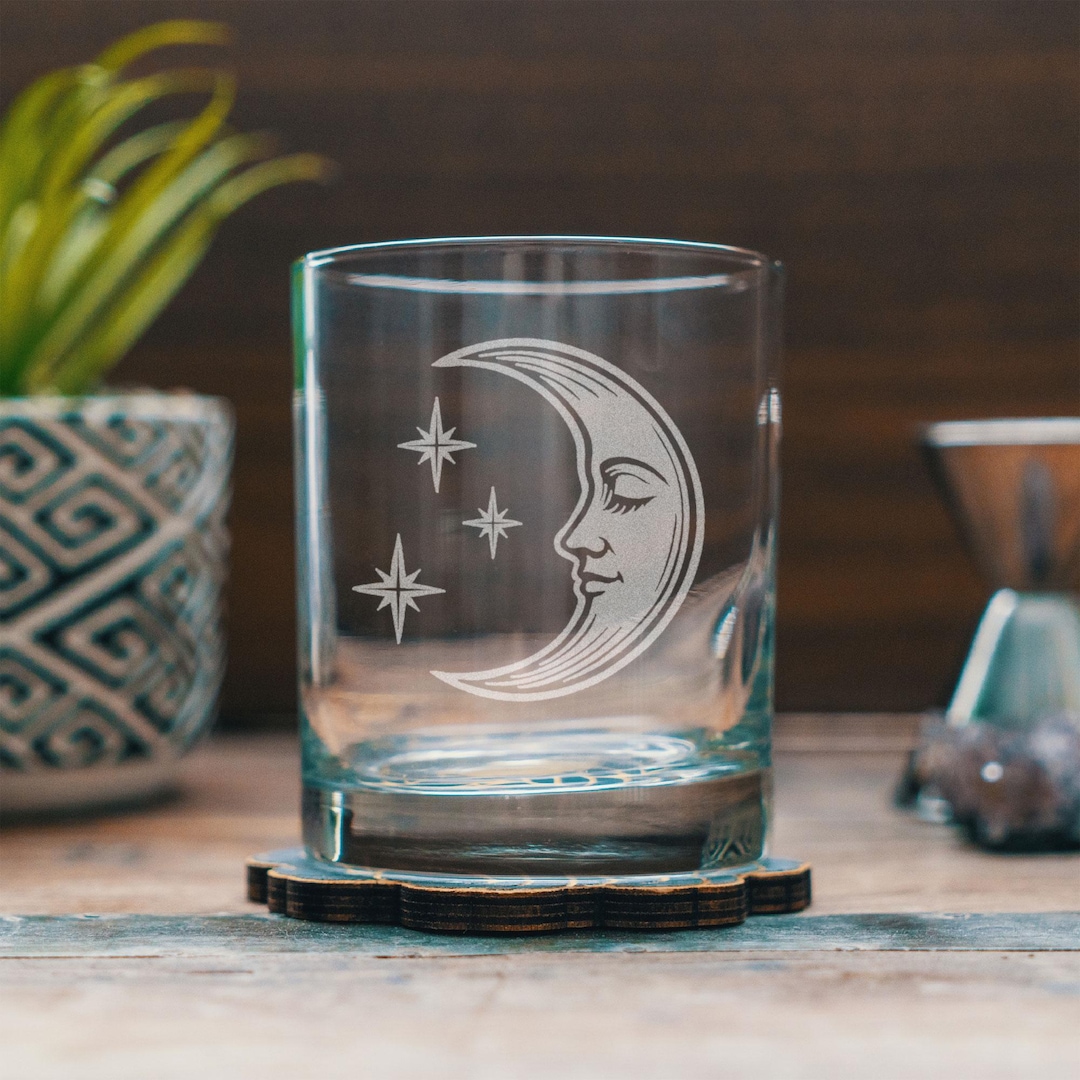 Vintage Moon Glass | Etched Crescent Moon & Stars Glasses