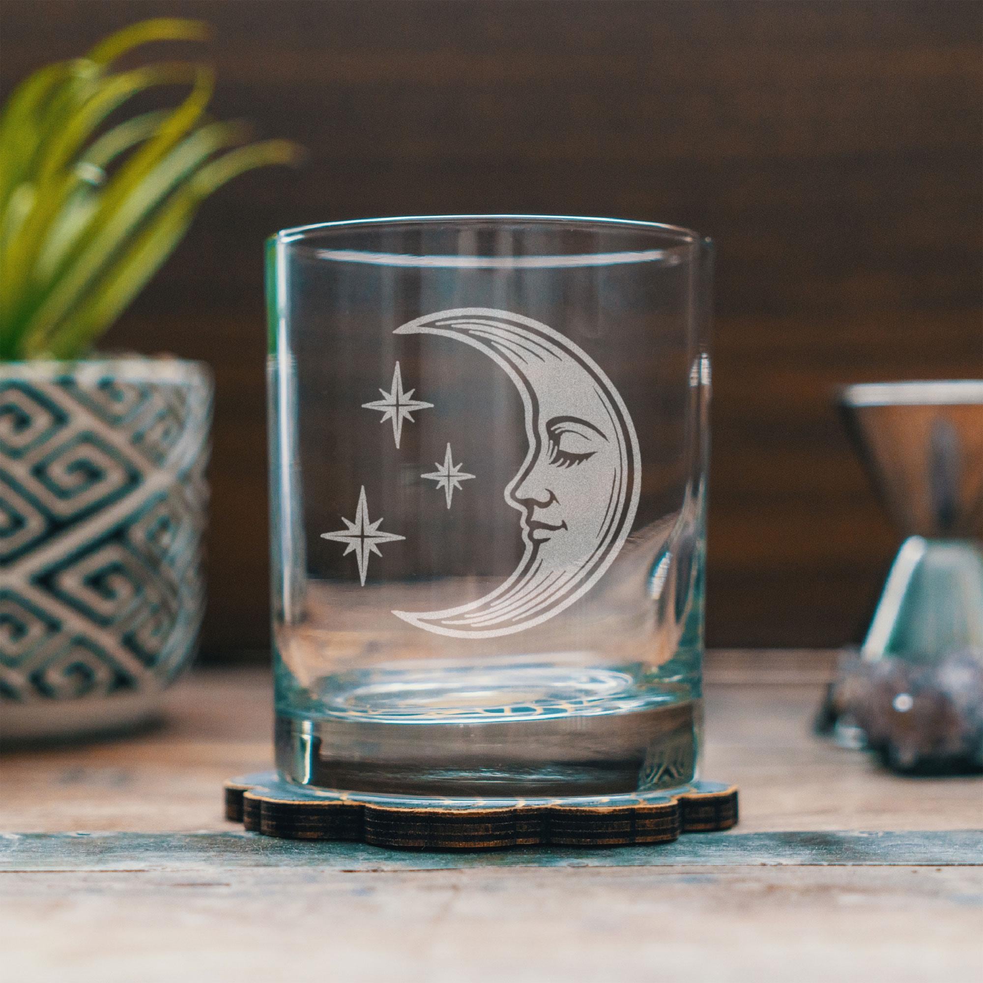 Vintage Moon Glass | Etched Crescent Moon & Stars Glasses