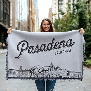 Pasadena California City Blanket | Woven Throw Blanket Gift, Black & White Skyline City Art, Fun Home Decor, Cozy Soft City Gift