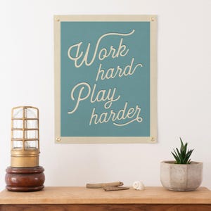 Work Hard Play Harder Felt Poster Banner | Inspirational gym wall art print gift. Vintage typography pennant office home decor. USA Handmade