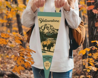 Yellowstone National Park Felt Pennant | Vintage Bison & Mountains Camp Flag, National Park Wall Decor, Adventure Home Accent