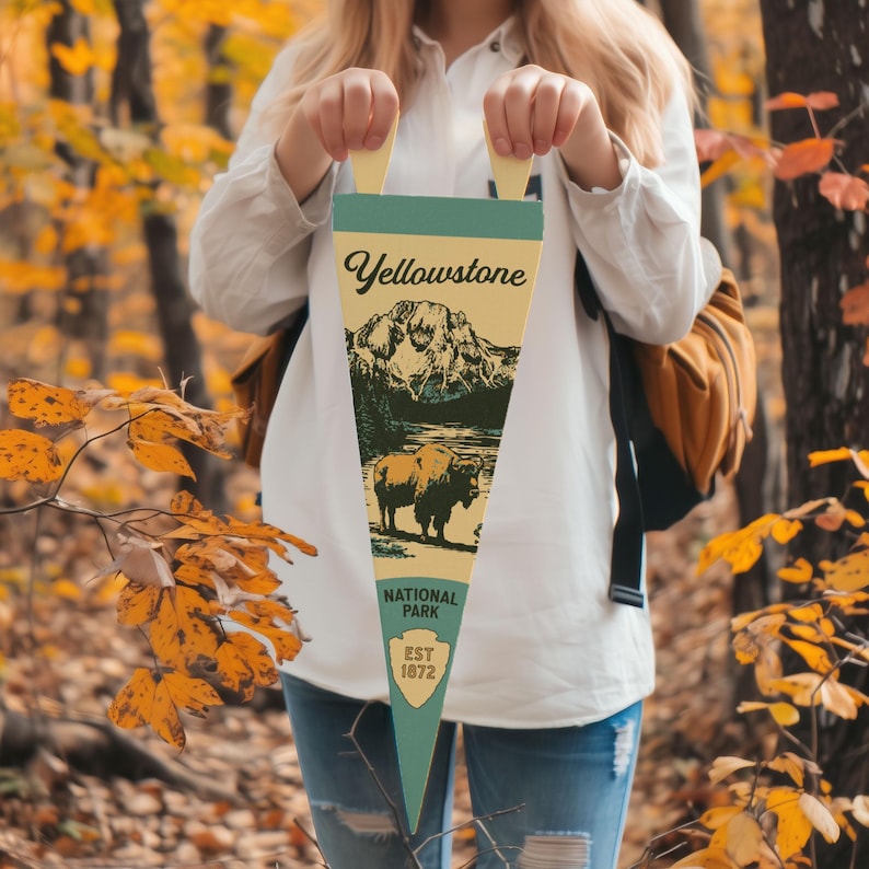 Yellowstone National Park Felt Pennant | Vintage Bison & Mountains Camp Flag, National Park Wall Decor, Adventure Home Accent image 1