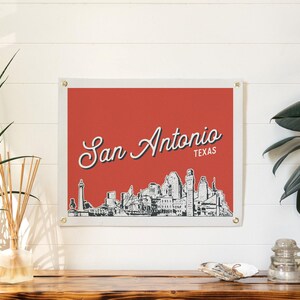 San Antonio, Texas Felt Poster Banner | City skyline wall art print sign. Vintage city line drawing pennant home decor. Handmade gift idea Red