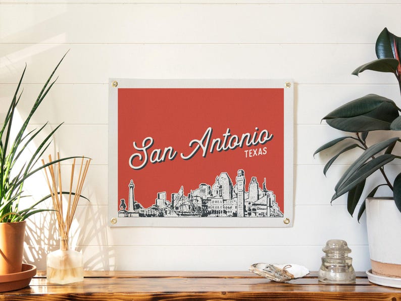 San Antonio, Texas Felt Poster Banner | City skyline wall art print sign. Vintage city line drawing pennant home decor. Handmade gift idea Red