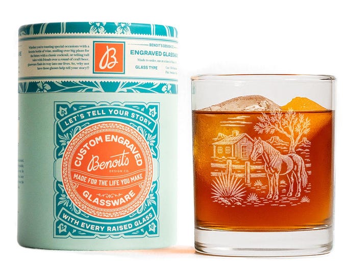 Wild West Horse Ranch Glasses | Personalized etched glassware for beer, whiskey, wine & cocktails. Western Desert Scene, Southwestern Decor.