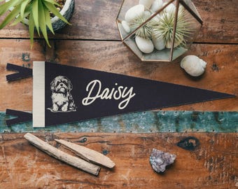 Custom Shih Tzu Dog Name Felt Pennant | Personalized vintage style banner flag, Your Pet, Owner Gift, Dog Lover Sign, Special Family Gift