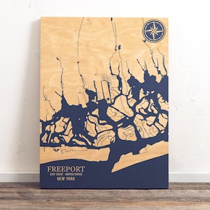Mappa di Freeport, New York / Carta costiera incisa su legno, decorazione da parete per casa al mare, stampa nautica, regalo unico e personalizzato per la famiglia.