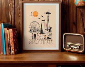 Seattle Mid Century Wall Art Poster - Vintage inspired mid century modern decor Illustration, archival art print. Washington state gift.