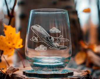 Plane Glasses | Personalized Etched Beer, Cocktail, Whiskey, Wine glassware. Pilot Aviation gift. Vintage Flying Travel barware home decor.