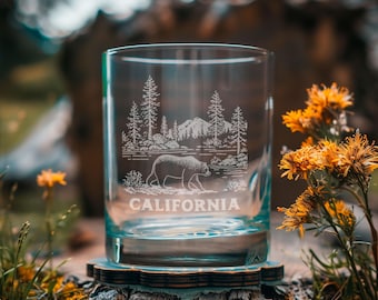 California Bear & Lake Tahoe Engraved State Glass | Scenic Mountain Glassware, Golden State Gift for Nature Lovers