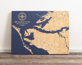 Mapa de Bradenton, Florida / Letrero de arte costero de madera grabado, decoración de pared para casa de playa, lámina náutica, regalo familiar personalizado único