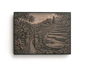 Bali Rice Terrace Engraved Birch Art Panel | Tropical Wall Art, Balinese Temple Decor, Travel Inspired Gift