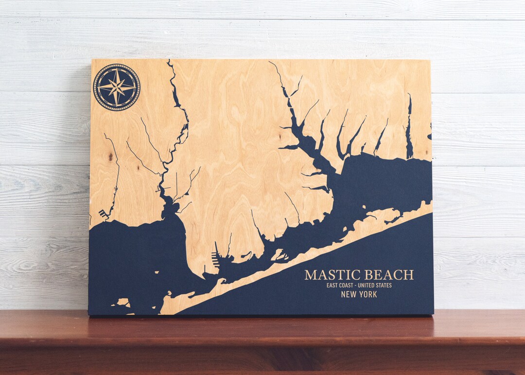 Mastic Beach, New York Map Engraved Wood Coastal Chart Wall Art Sign