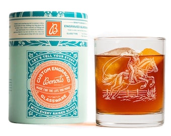 Rodeo Cowboy Scene Glasses | Personalized etched glassware for beer, whiskey, wine & cocktails. Western Desert Scene, Southwestern Decor.
