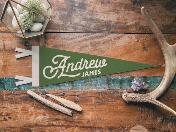 Custom Heritage Name Sign Felt Pennant | Personalized Bold vintage style banner flag, kids & Nursery Wall Art, Boys Girls home decor gift