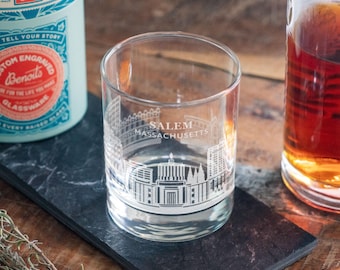 Salem, Massachusetts City Skyline Engraved Glasses | Hometown Pride Glassware, Whiskey Rocks Wine & Beer Barware, Travel Special Trip Gift