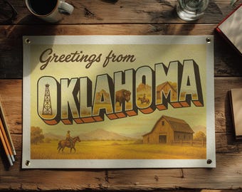 Oklahoma Felt Banner | Retro Greetings From Travel Postcard Wall Art, Vintage Style State Souvenir, Nostalgic Western Decor, USA Made Flag