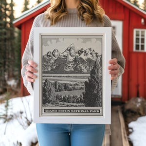 Grand Teton National Park Lithograph Style Print - Vintage Wyoming Archivierung matt Fine Art Print. Jackson Hole Westerngebirgsgeschenk.