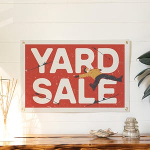 Yard Sale Felt Poster Banner | Skier & snowboarder gift. Humorous vintage ski wall art. Mountain camp flag. Winter Cabin home decor. US made
