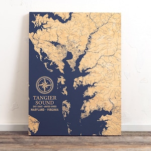 Tangier Sound, Maryland-Virginia Karte | "Graviertes Holz Küsten Wand Kunst Zeichen, Strand Haus Haus Dekor, nautischen Druck, personalisierte Familie Geschenk."