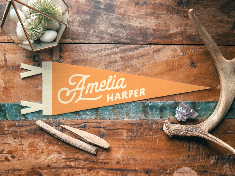 Personalized Heritage Name Sign Felt Pennant Custom Bold vintage style banner flag, kids & Nursery Wall Art, Boys Girls home decor gift Orange & Cream