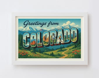 Impresión artística de postal de Colorado / Póster de pared de estilo vintage "Saludos desde Colorado", decoración retro de recuerdo estatal, regalo de viaje estadounidense