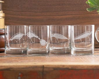 Freshwater Lures Glasses Set of 4 | Personalized Beer, Cocktail, Whiskey, Wine glassware. Fishing & hunting gift. Camp barware home decor