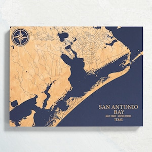 San Antonio Bay, Texas Karte | "Graviertes Holz Küstenkarte Wand Kunst Zeichen, Strand Wohnkultur nautischen Druck, einzigartiges personalisiertes Geschenk für die Familie