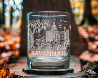 Savannah Georgia Glass | Laser Etched Travel Glassware, Engraved Scenic Scene Gift for Southern Travelers