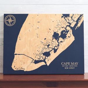 Cape May, Nueva Jersey / Letrero de madera con mapa costero grabado, decoración náutica para casa de playa, regalo familiar personalizado único