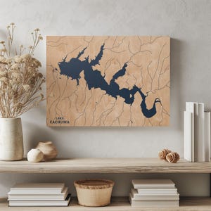 Lake Cachuma California / Decorazione per la casa con mappa personalizzata del lago, regalo personalizzato per casa sul lago, regalo per anniversario di matrimonio in campeggio, arte murale in legno incisa
