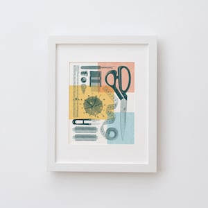 Sewing Flatlay Wall Art Print - Vintage poster design, archival quality matte fine art print. Risograph sewing print, Craft hobby gift.